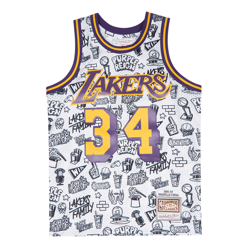 Women's Mitchell & Ness Shaquille O'Neal White Los Angeles Lakers 1996 Doodle Swingman Jersey Size: Medium
